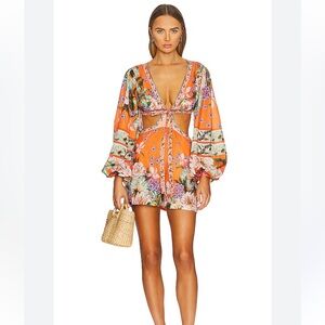 Agua Bendita Orange Floral Long Sleeve Dress